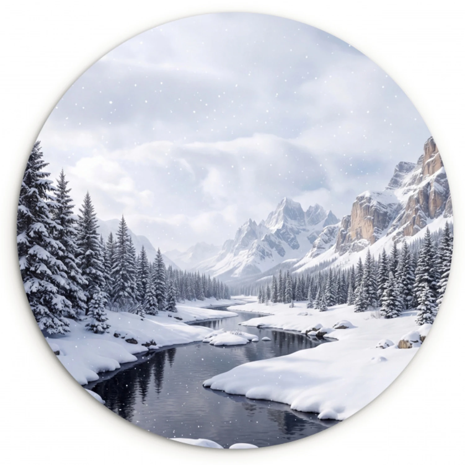 Sneeuwlandschap - Bergen - Rivier - Winter Wandcirkel kunststof plaat 5mm dik klein -3d