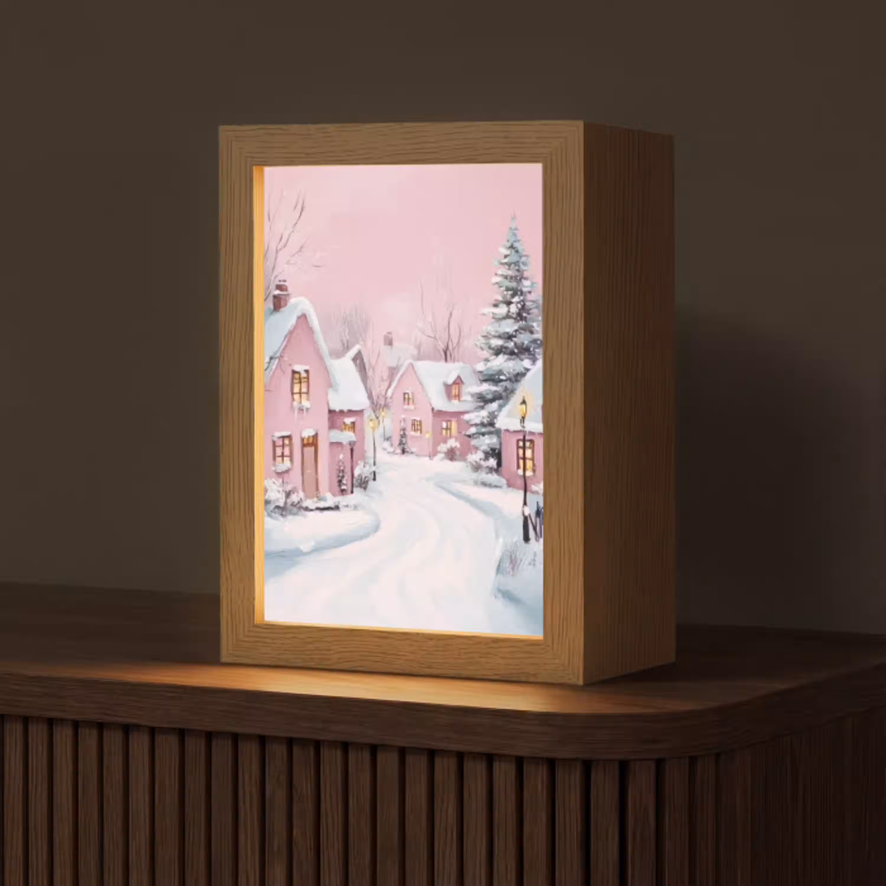 Kerstdorp - Roze - Winter - Sneeuw - Huizen Light Box met kabel (Tafellamp) klein -z3d_website