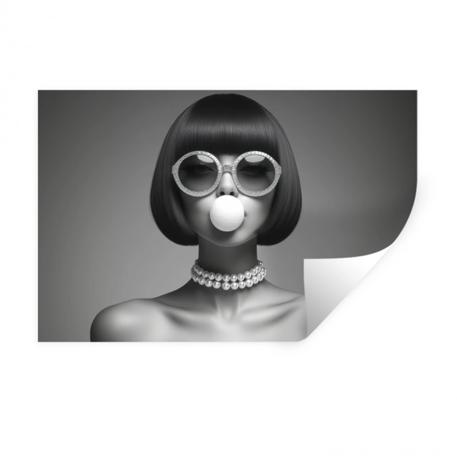 Vrouw - Zwart Wit - Ketting - Zonnebril Muursticker klein -3d