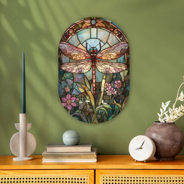 Libelle - Mozaïek - Bloemen - Kleurrijk Wandcirkel Ovaal Forex klein -sfeer2