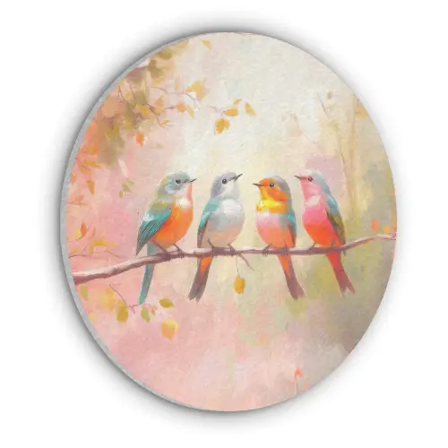 Vogels - Kleurrijk - Tak Akoestische PET Vilt - Rond klein -3d