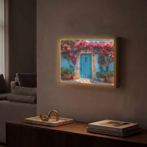 Deur - Hout - Bloemen - Blauw Light Box met batterij (Wandlamp) middel -sfeer1