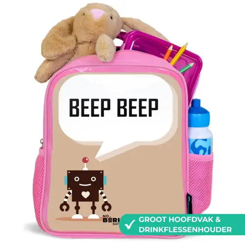 Donkerbruine robot met een tekst Kinderrugzak - Roze middel -inhoud_NL