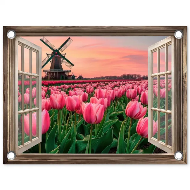 Doorkijk - Tulpen - Bloemen - Molen - Raam tuinposter los doek klein -3d