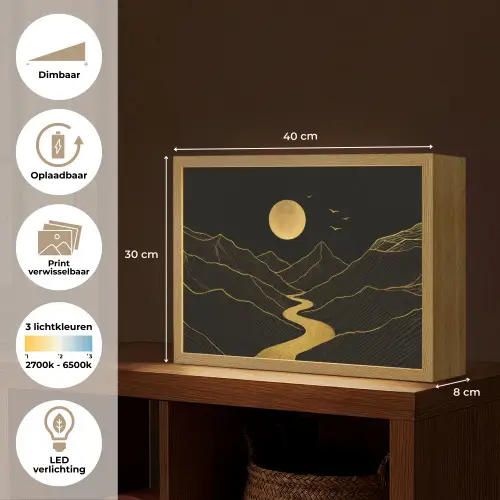 Rivier - Goud - Maan - Vogels Light Box met batterij (Wandlamp) middel -USP_websiteoverzichtNL