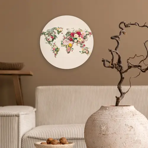 Wereldkaart - Bloemen - Roze Wandcirkel plexiglas klein -sfeer1