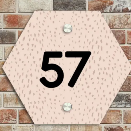 Lichtroze met stippen - Traditioneel Naambord Hexagon klein -sfeer2