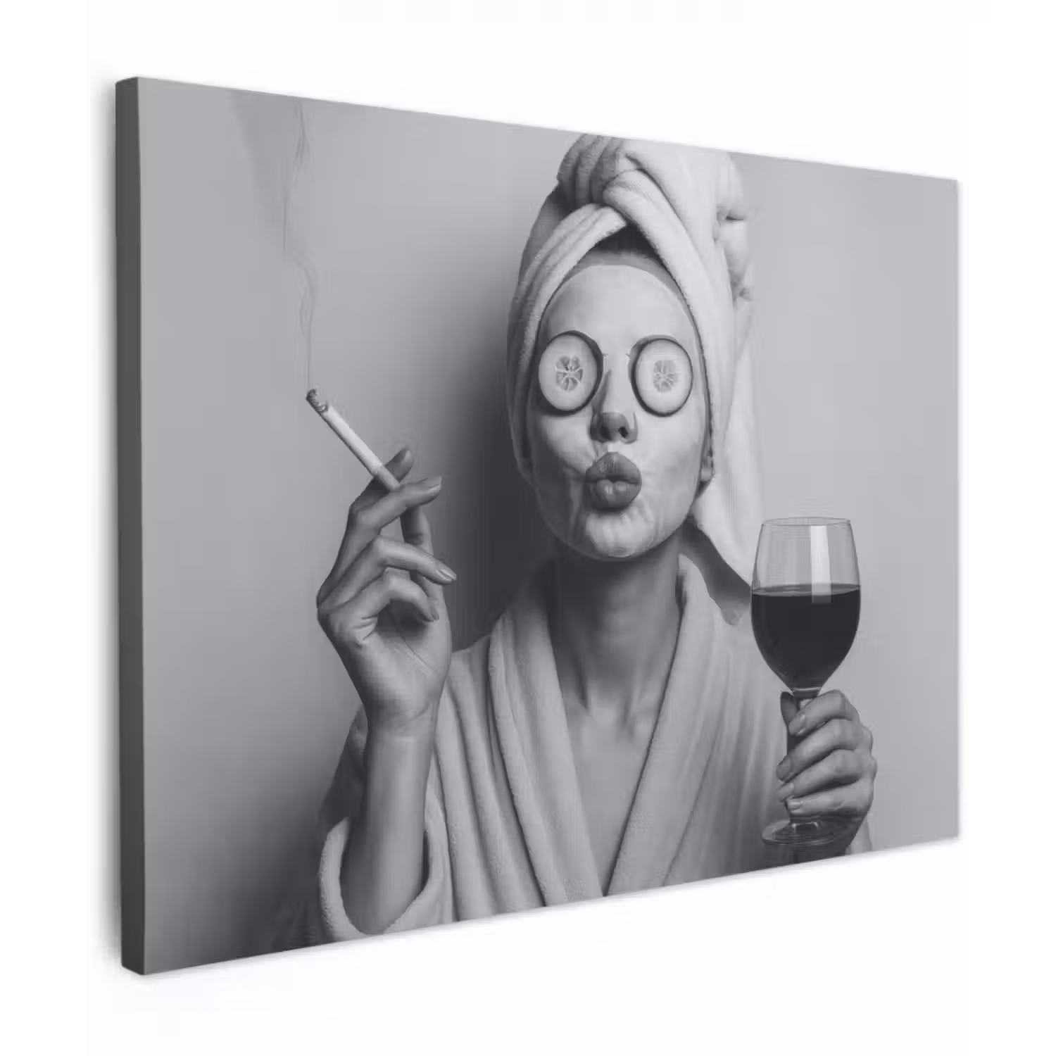 Canvas schilderij - Vrouw - Masker - Wijn - Sigaret