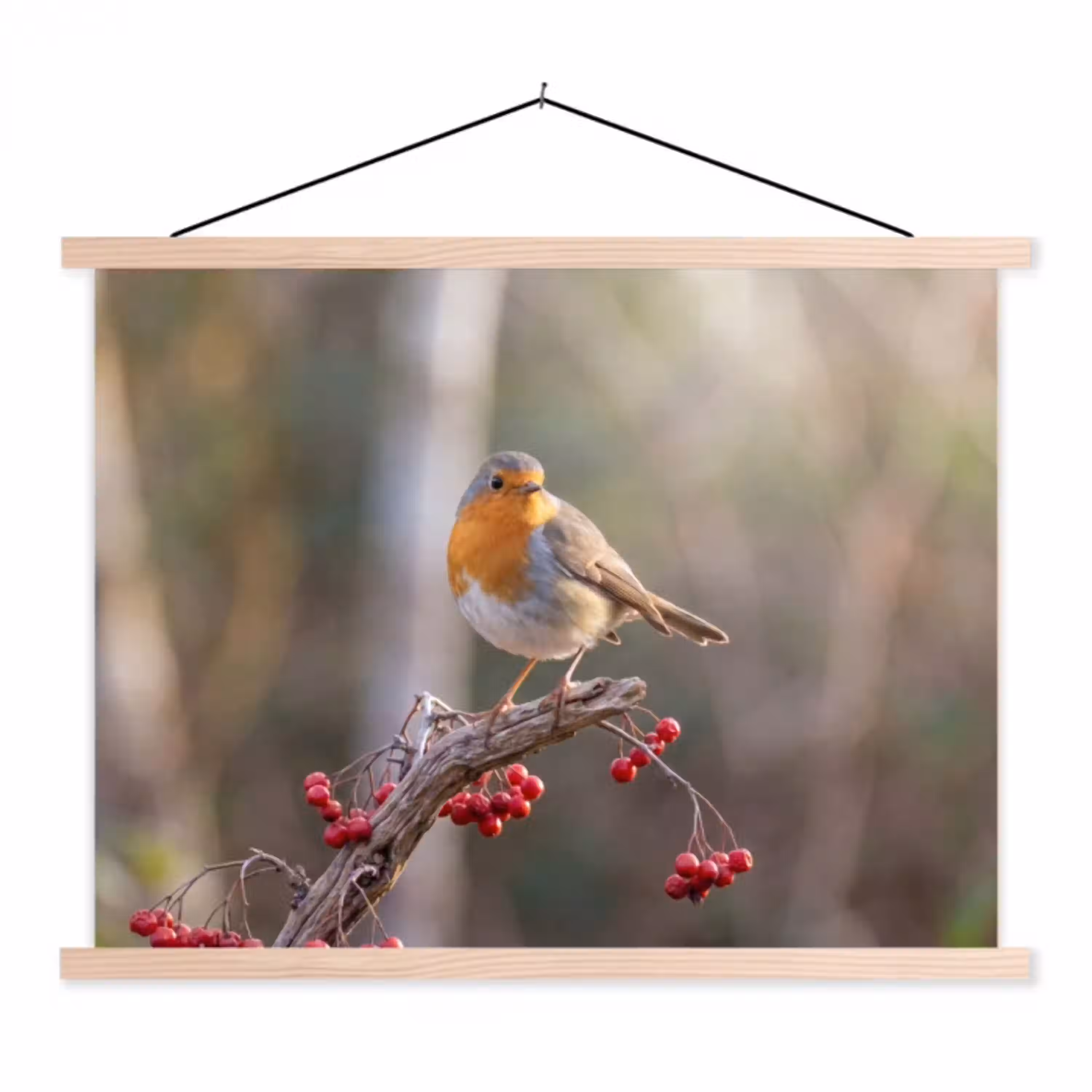 Roodborst - Tak - Bessen - Natuur textielposter latten blank klein -3d