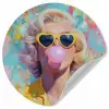 Vrouw - Blond - Roze kauwgom - Kleurrijk - Pastel Wandcirkel behangsticker klein -3d