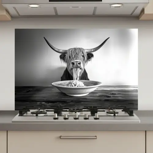 Schotse Hooglander - Spaghetti - Dieren - Zwart wit keuken achterwand spatscherm klein -3d_website