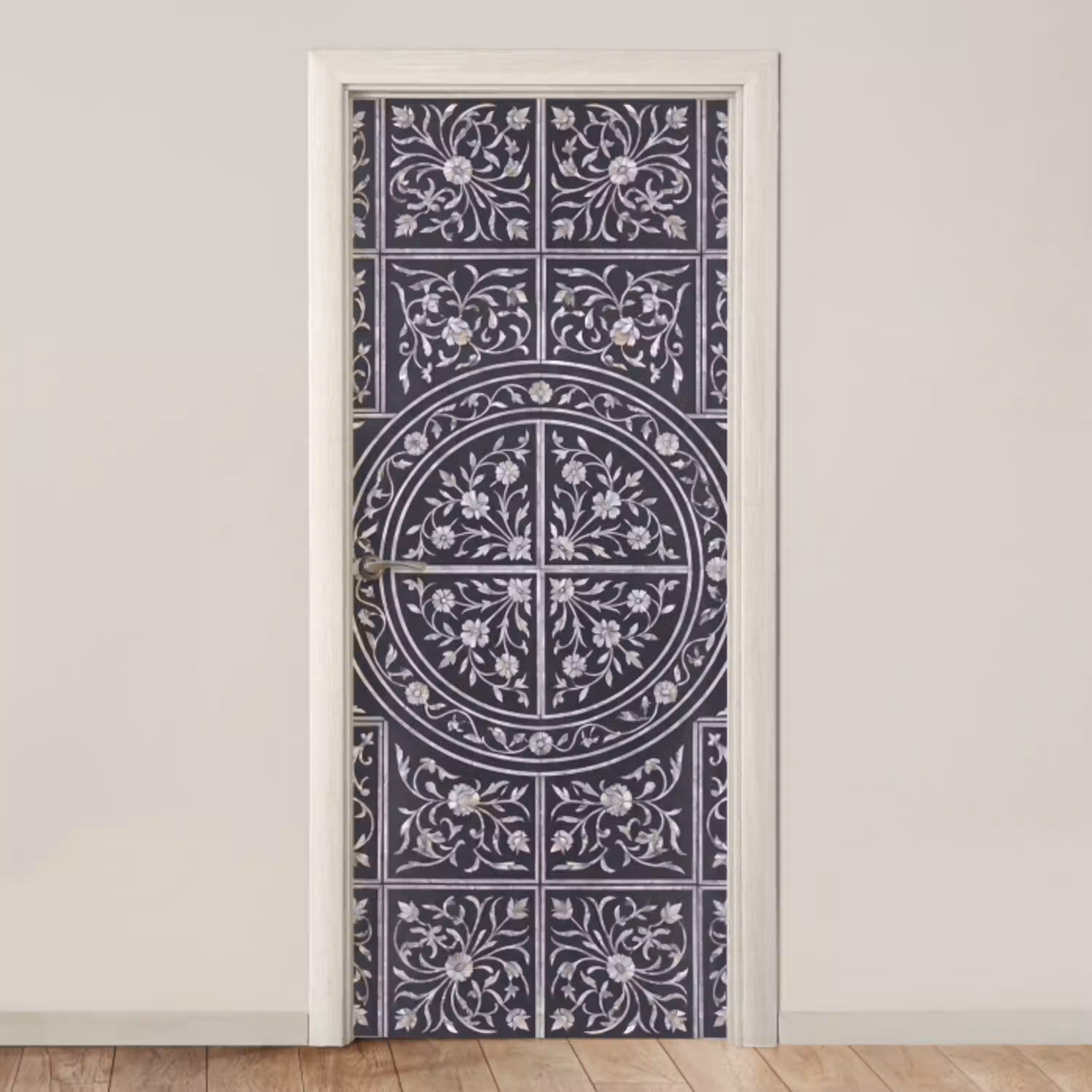 Patroon - Bloemmotief - Decoratie - Klassiek - Zwart deurposter klein -3d_beige