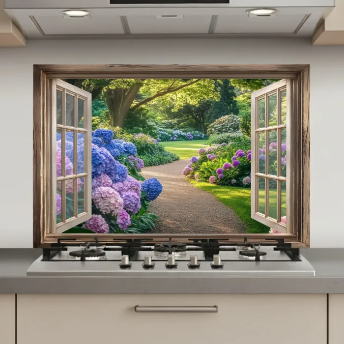 Doorkijk - Tuin - Raam - Hortensia - Bloemen keuken achterwand spatscherm klein -3d_website