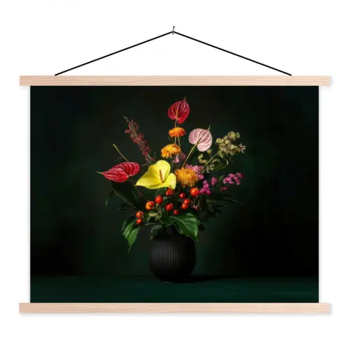 Bloemen - Vaas - Zwart textielposter latten blank klein -3d