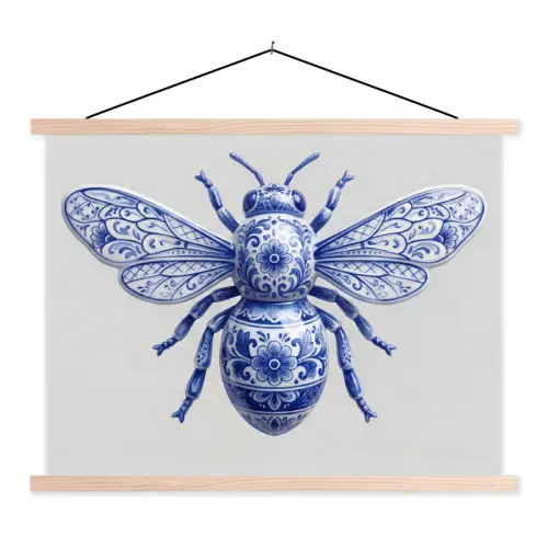 Bij - Modern - Delfts - Blauw textielposter latten blank klein -3d