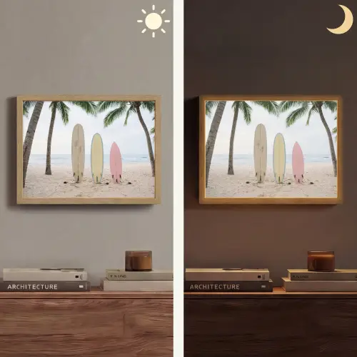 Surfboard - Palmbomen - Kleurrijk Light Box met batterij (Wandlamp) middel -sfeer3