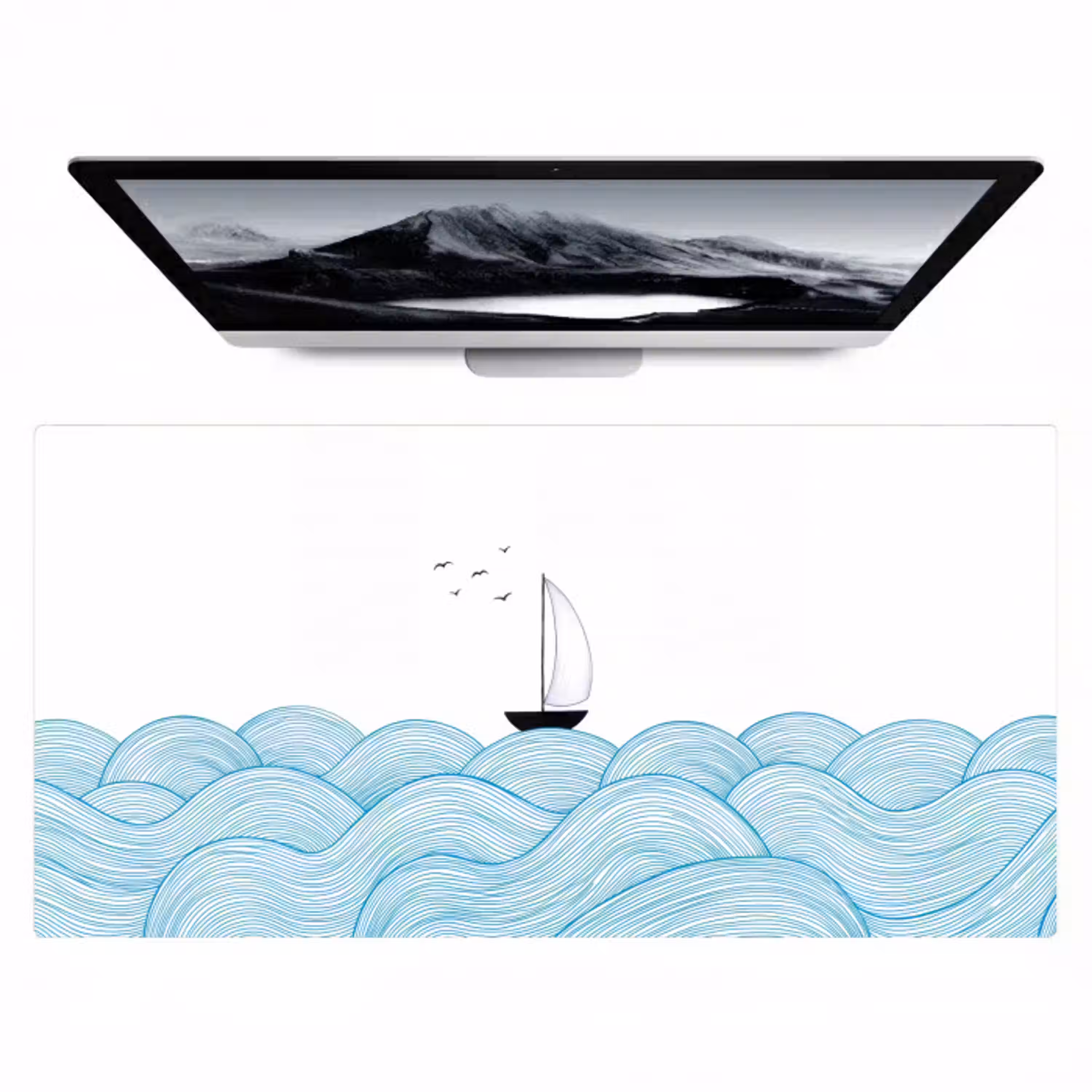 Zeilboot - Golven - Zee - Illustratie - Blauw Muismat XXL klein -zzz3d