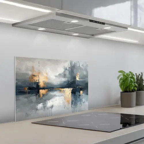 Kunst - Grijs - Goud - Abstract keuken achterwand spatscherm klein -3d_schuin