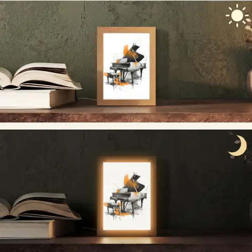 Piano - Oranje - Zwart - schets lijnen Light Box met kabel (Tafellamp) klein -sfeer3