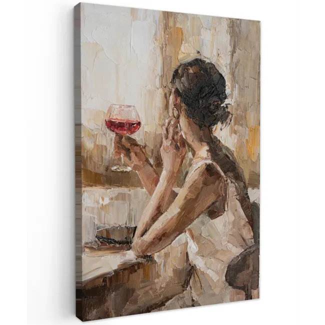 Schilderij - Olieverf - Vrouw - Wijn canvas 2cm klein -z3d
