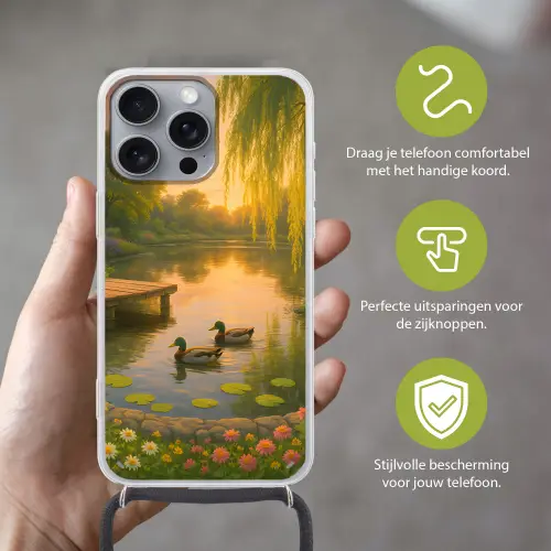 Eenden - Vijver - Bloemen Hoesje iPhone 16 Pro Max met koord klein -sfeer2_NL