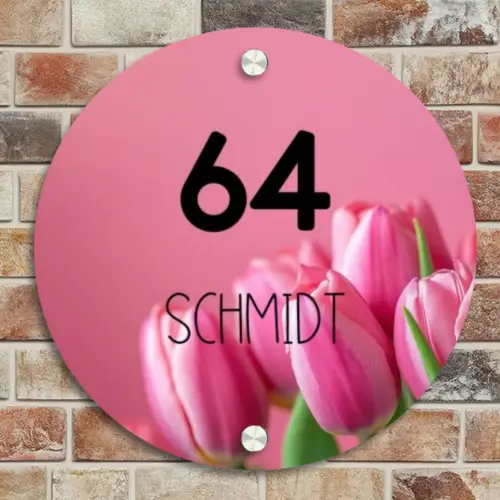 Roze tulpen - Modern Naambord Rond klein -sfeer2