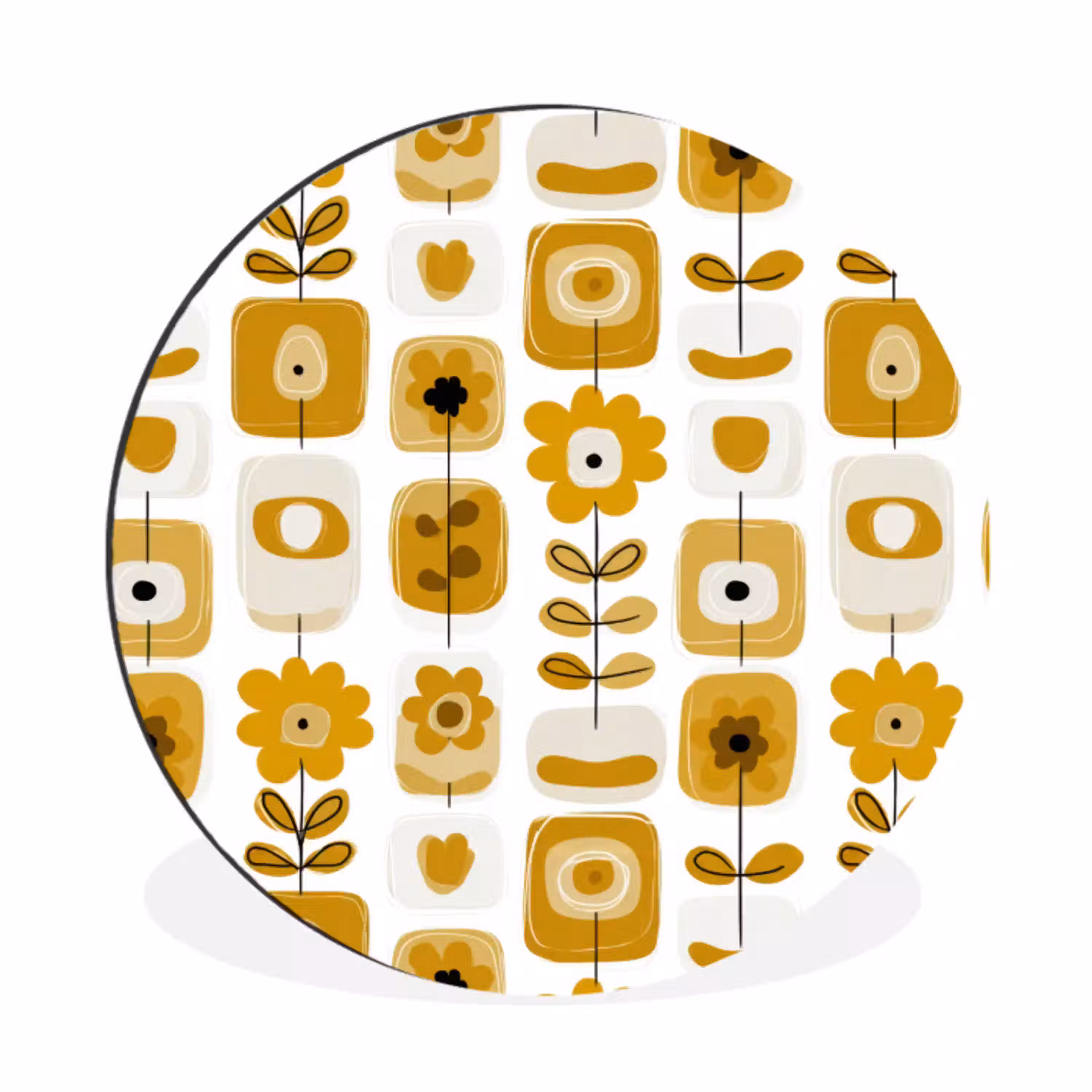 Retro - Abstract - Bloemen - Okergeel Wandcirkel aluminium klein 190 -3d