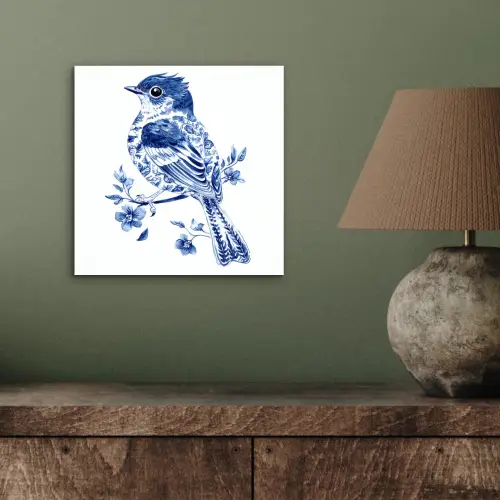 Vogel - Delfts blauw - Illustratie - Bloemen aluminium wit klein -sfeer2