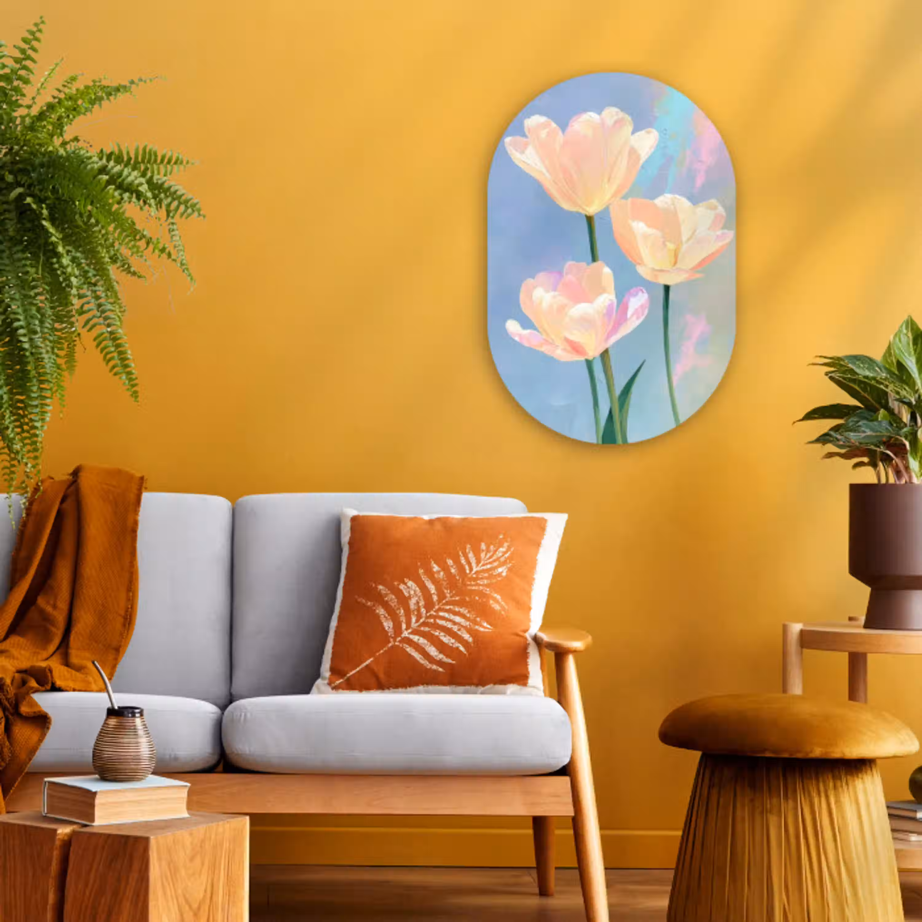 Tulpen - Roze accenten - Blauw Wandcirkel Ovaal Forex klein -sfeer4