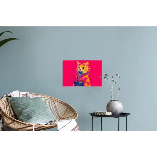 Kat - Kimono - Bloemen - Roze Muursticker klein -plant