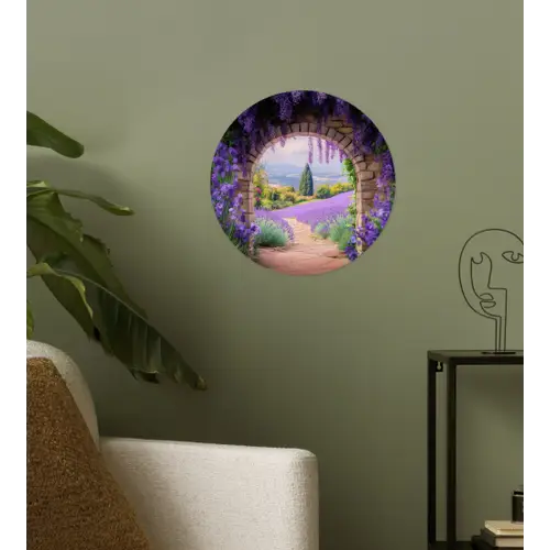 Doorkijk - Lavendel - Bloemen - Paars - Poort Wandcirkel behangsticker klein -sfeer2