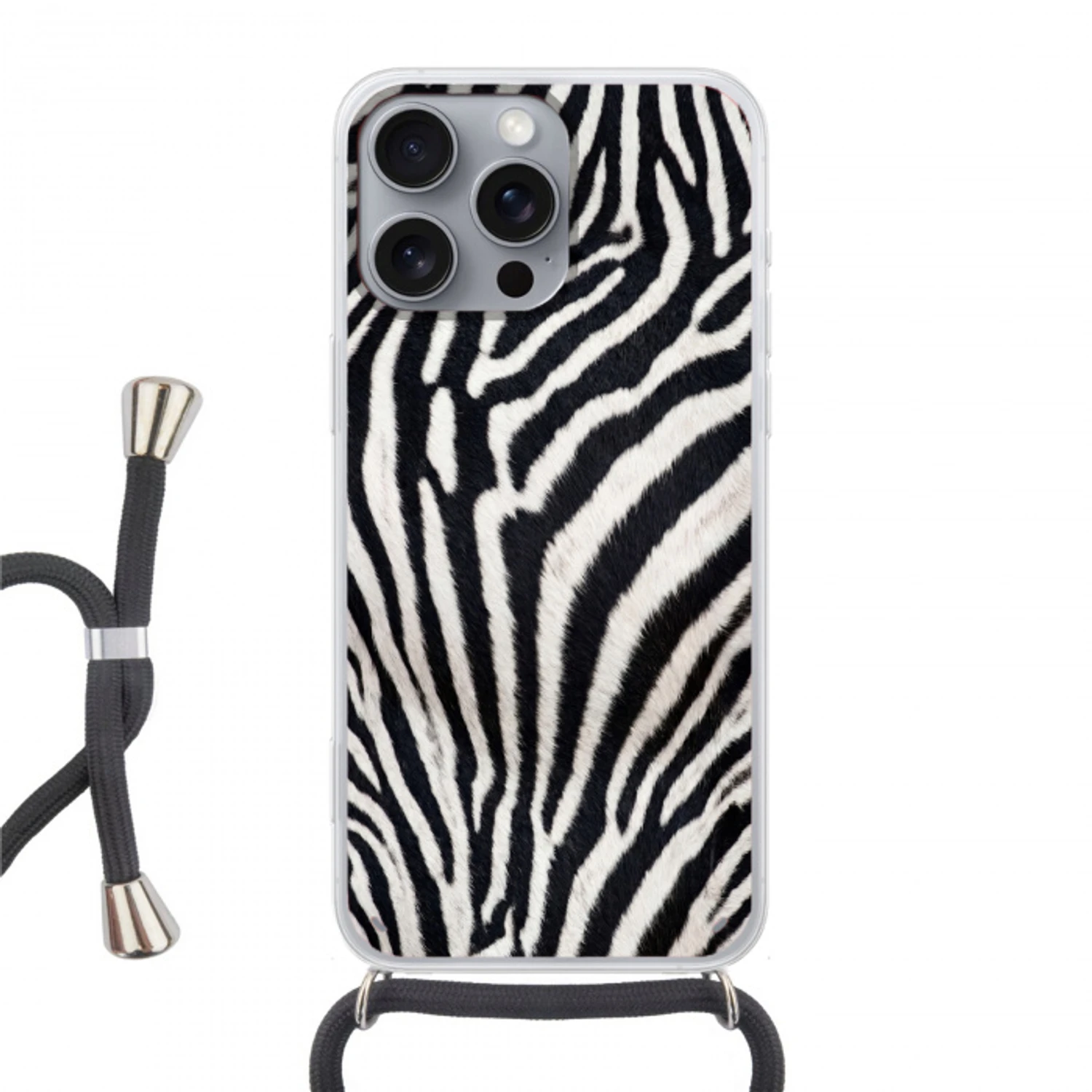 Zebra - Vacht - Klassiek - Zwart - Wit Hoesje iPhone 16 Pro Max met koord klein -3d