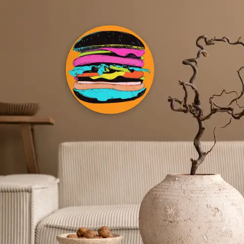 Hamburger - Kleurrijk - Speels Wandcirkel kunststof plaat 5mm dik klein -sfeer1