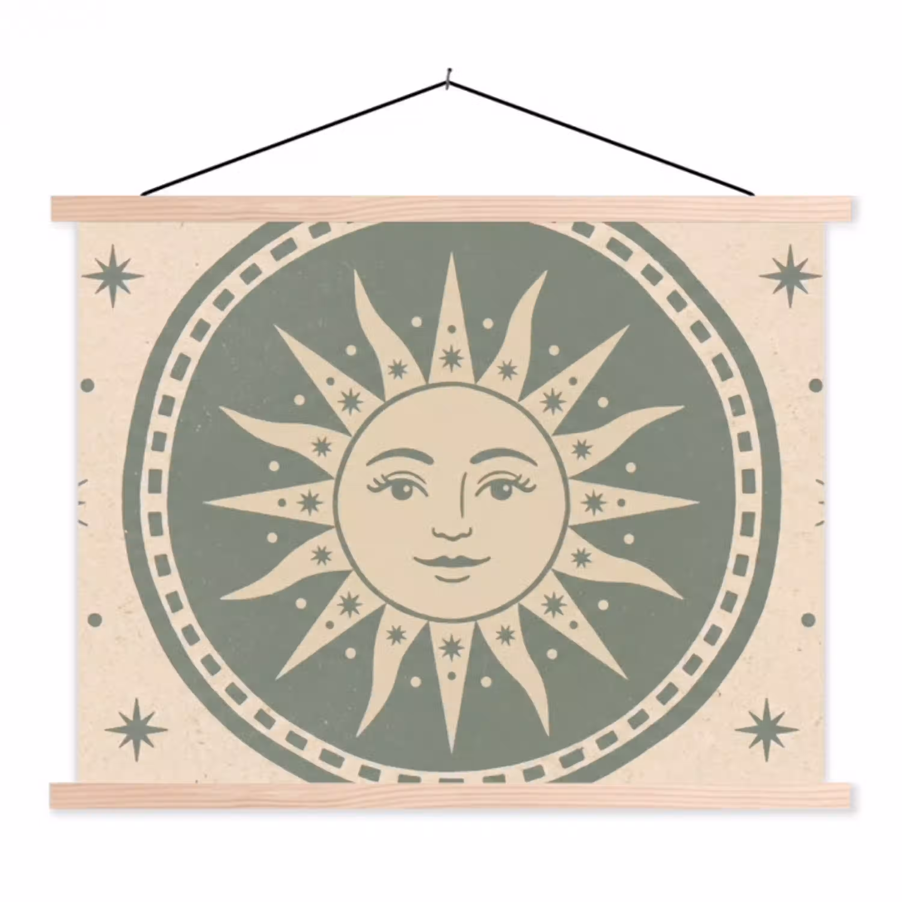 Zon - Sterren - Astrologie - Vintage - Groen textielposter latten blank klein -3d