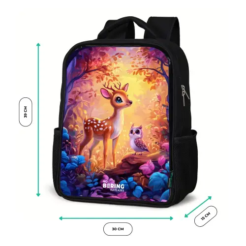 Hertje en uil in een roze sprookjesbos Rugzak - Zwart middel -productfoto_formaten