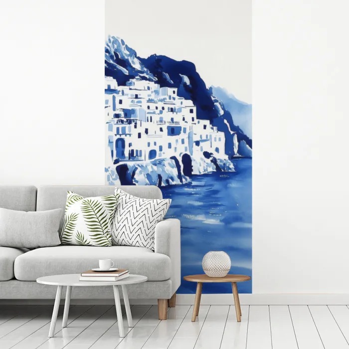 Dorp - Rotswand - Roeiboot - Water fotobehang vinyl groot -woonkamer