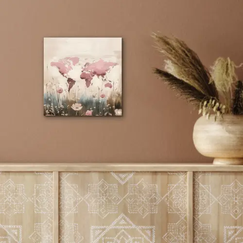 Wereldkaart - Roze - Bloemen aluminium wit klein -sfeer4
