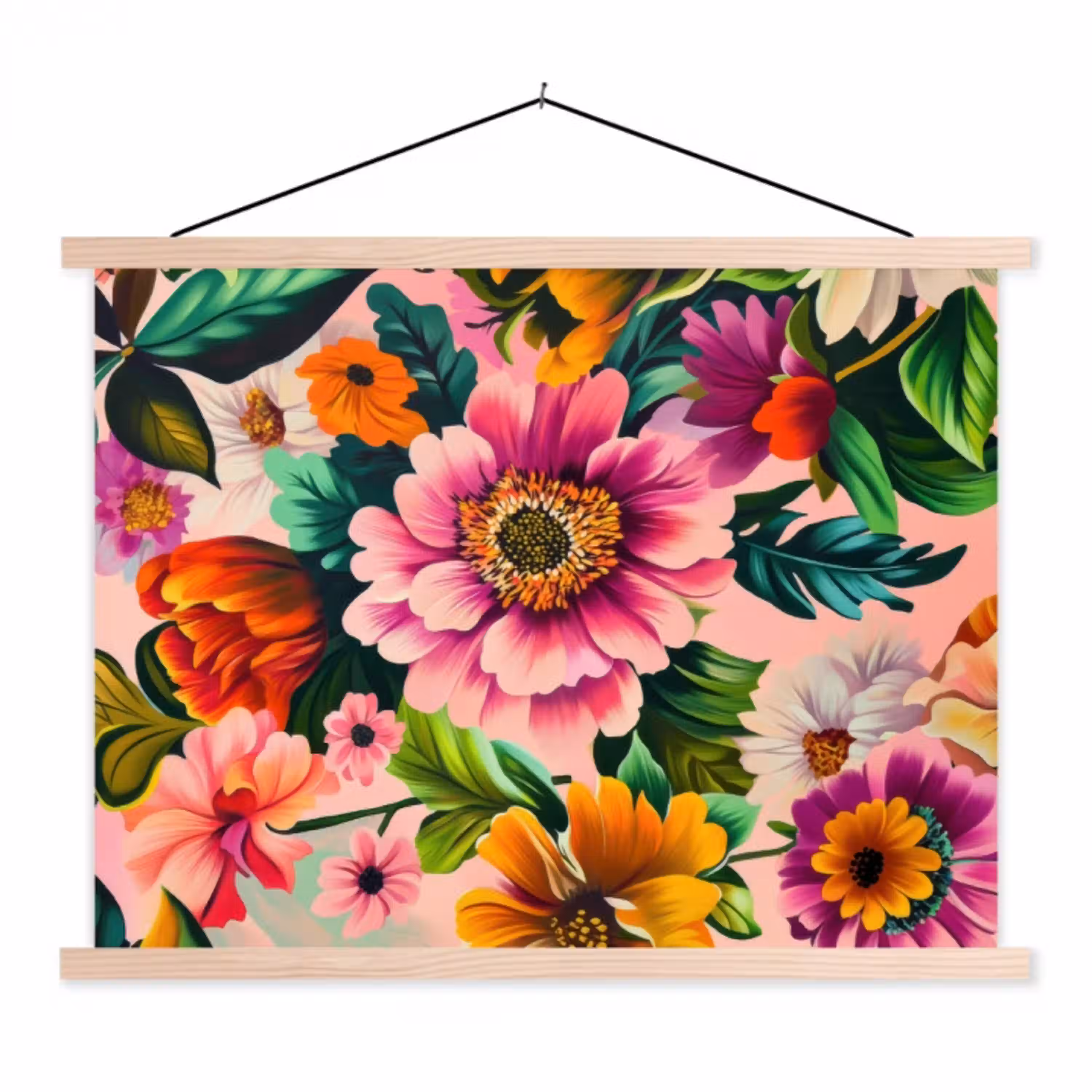 Bloemen - Kleurrijk - Roze textielposter latten blank klein -3d