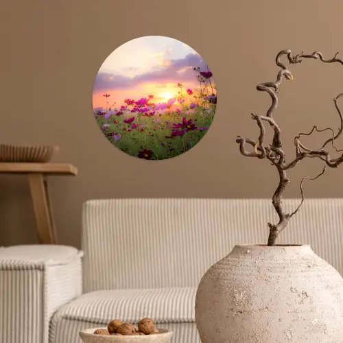 Bloemen - Roze - Zonsondergang - Natuur - Weide - Horizon Wandcirkel behangsticker klein -sfeer1