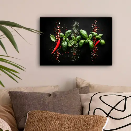 Chilipepers - Basilicum - Blaadjes - Rood canvas 2cm klein -sfeer1