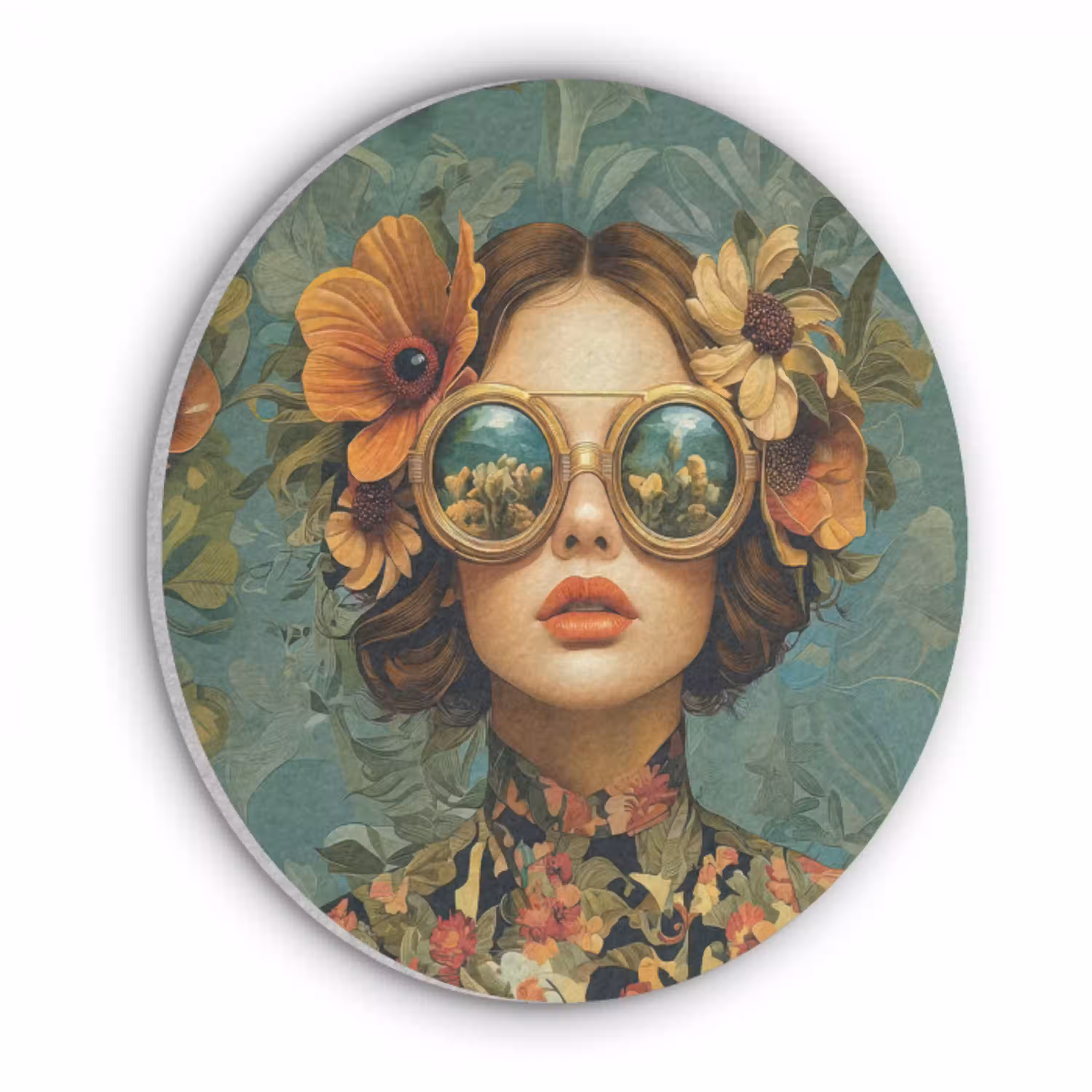 Vrouw - Bloemen - Vlinders - Natuur - Vintage Akoestische PET Vilt - Rond klein -3d