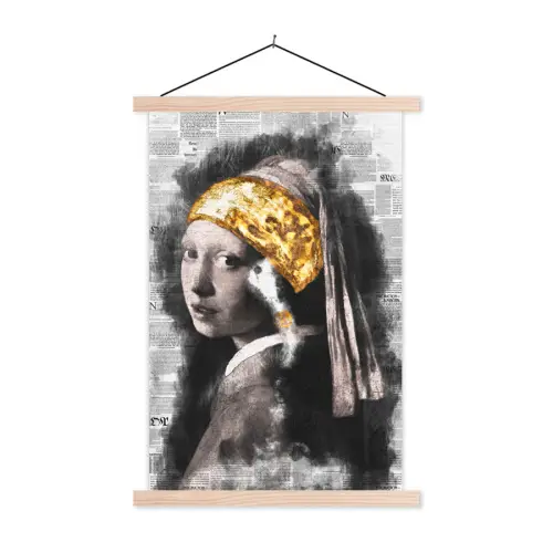 Meisje met de parel - Johannes Vermeer - Krant - Goud textielposter latten blank klein -3d