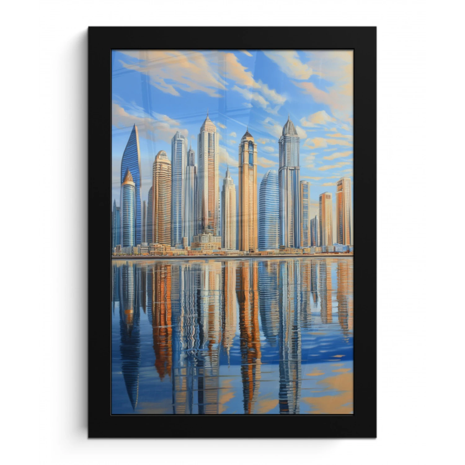 Skyline - Wolkenkrabbers - Water - Blauw fotolijst zwart zonder passe partout klein -3d