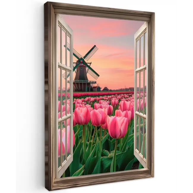 Doorkijk - Tulpen - Bloemen - Molen - Raam Tuinposter op houten frame 2 cm dik klein -3d