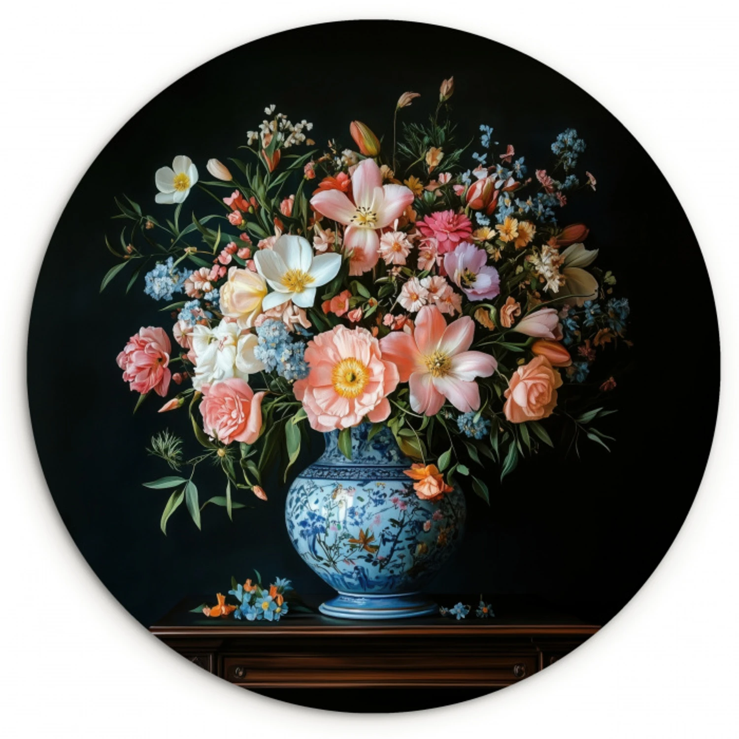 Roze - Bloemen - Vaas - Kleuren Wandcirkel kunststof plaat 5mm dik klein -3d