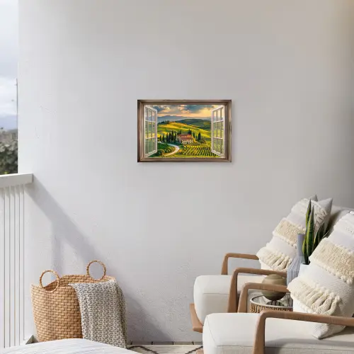 Doorkijk - Toscane - Uitzicht - Landschap - Zomer Tuinposter op houten frame 2 cm dik klein -sfeer1
