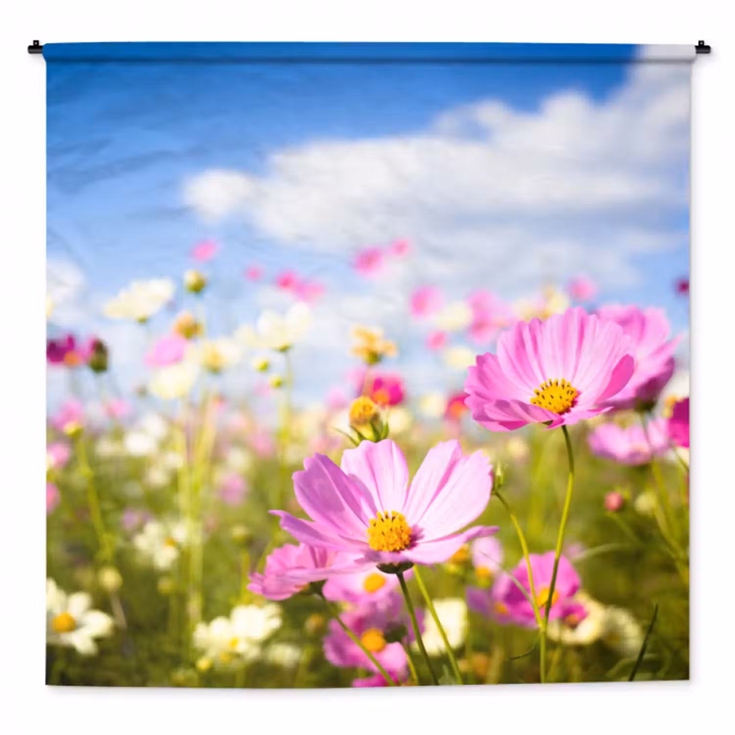 Wandteppich - Blumen - Wiese - Lila - Gras - Weiß - Wolken - Blau