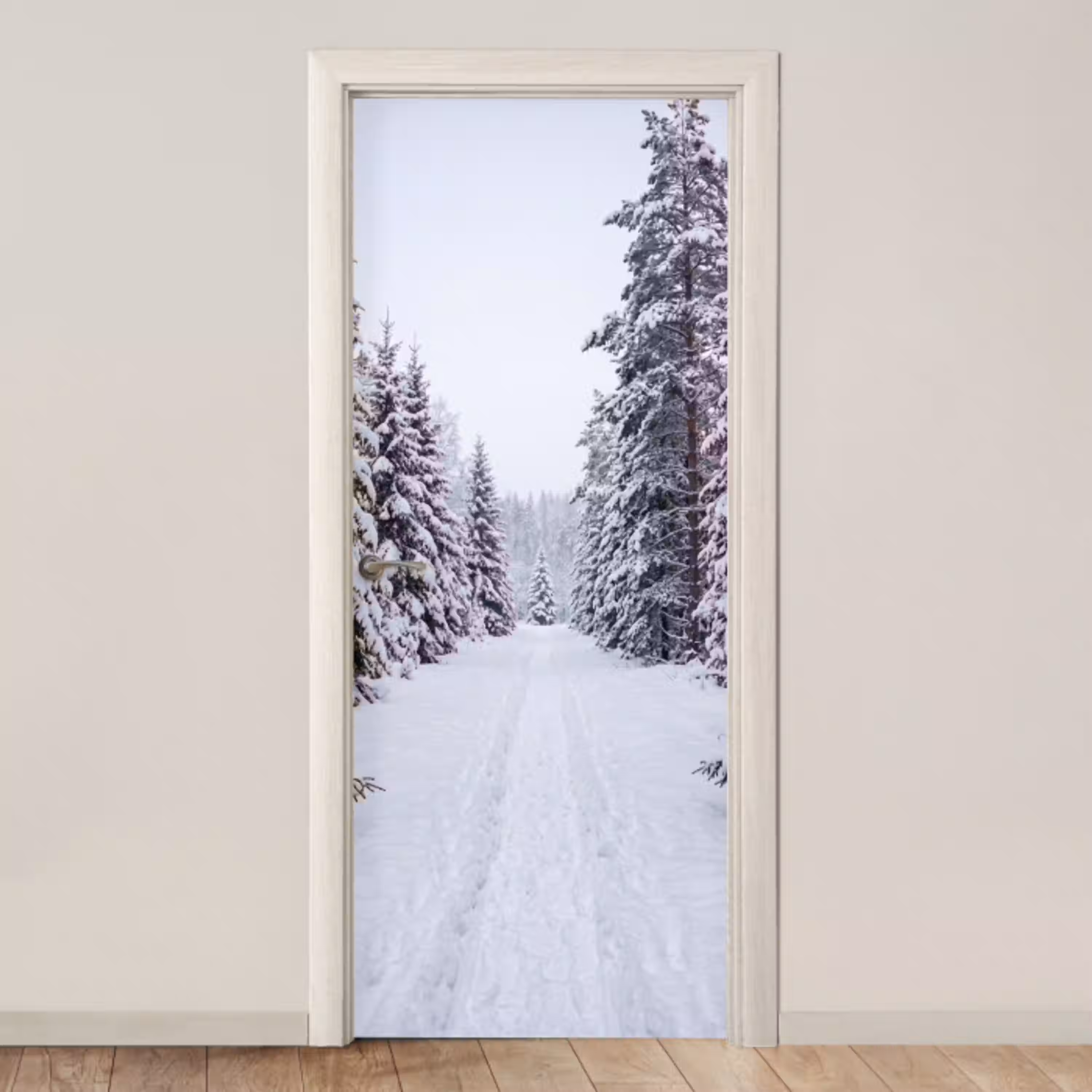 Bos - Winter - Sneeuw - Pad - Natuur deurposter klein -3d_beige