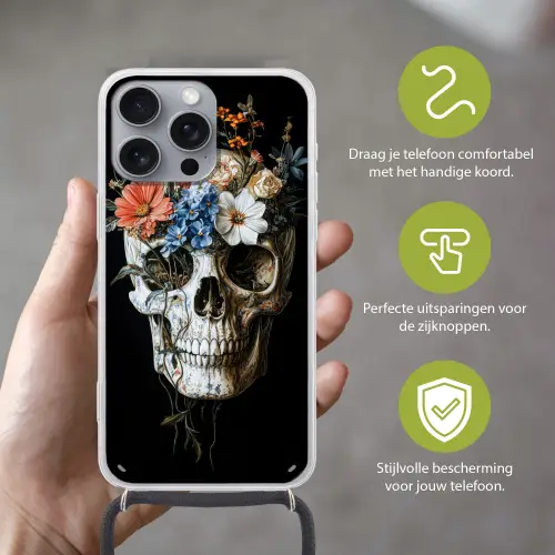 Bloemen - Schedel - Kleurrijk Hoesje iPhone 16 Pro Max met koord klein -sfeer2_NL