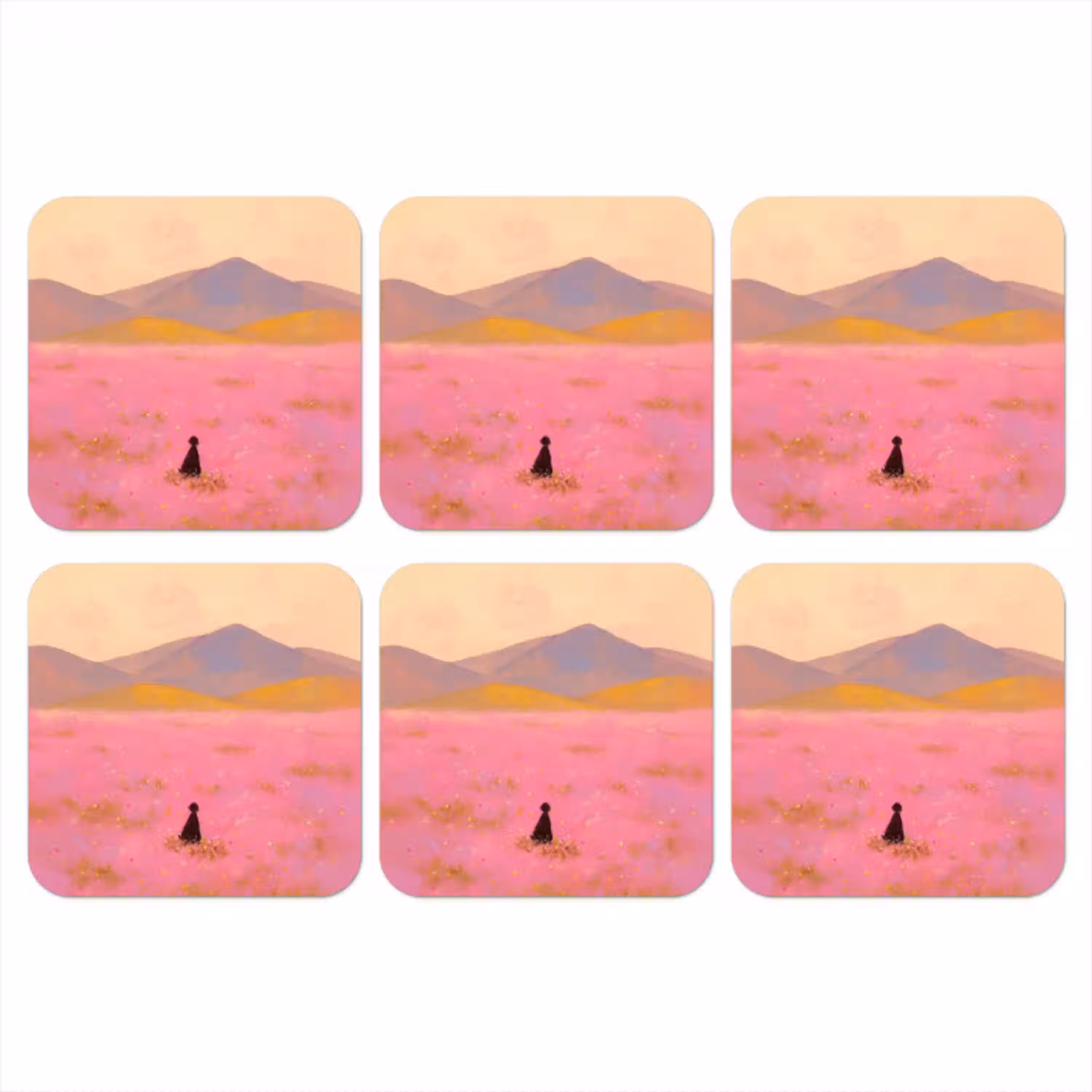 Bloemenweide - Heuvels - Silhouet - Roze onderzetter kurk middel -3d
